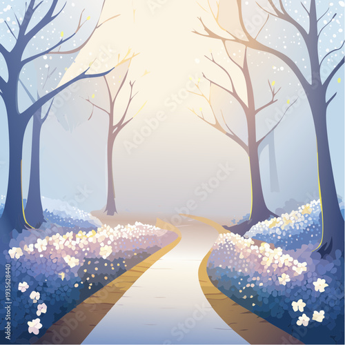 Enchanted Forest Path Bathed in Misty Morning Light with Glowing Wildflowers, Evoking a Serene and Dreamlike Journey