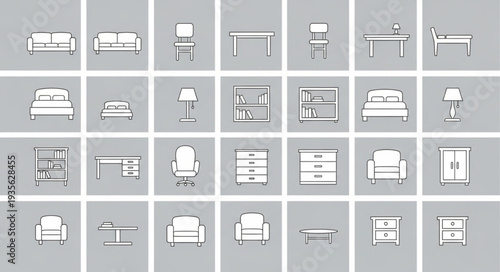 Collection of minimalist furniture icons in a grid layout.