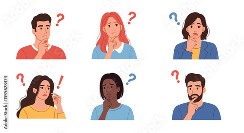 Group of diverse people with pensive facial expressions and question marks representing curiosity, doubt, and problem solving.
