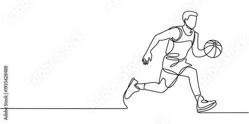 Continuous one line drawing of basketball player dribbling and holding the ball. Athlete running simplicity minimalism design.