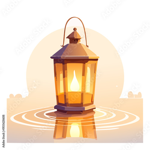Warmly lit vintage lantern gently floats on serene water, casting a comforting glow and creating peaceful ripples