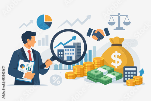 Business Evaluation and Market Value Analysis Concept with Businessman Holding Magnifying Glass Over Company Building, Financial Charts, Money Bag, Coins, and Cash for Merger and Acquisition.