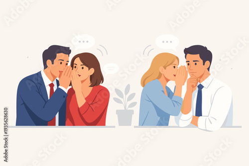Business Secret and Corporate Communication Concept with Coworkers Whispering Rumors and Spreading Gossip in the Office, Vector Illustration of Colleagues Sharing Confidential Information Privately