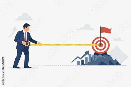 Businessman in suit measuring distance to target goal on mountain peak with tape measure, concept of business success measurement, growth metric analysis, achievement and strategic planning.