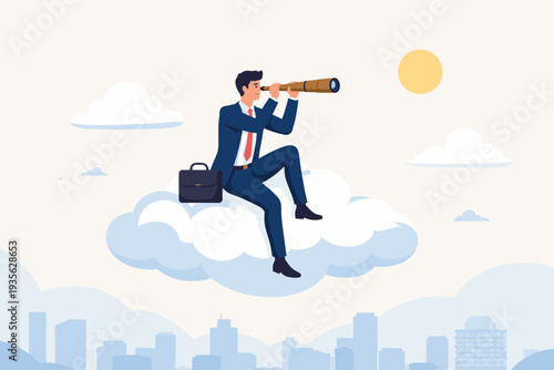 Business Vision and Leadership Concept with a Professional Businessman Sitting on a Cloud Using a Telescope to Look at the Future Cityscape, Seeking New Opportunities and Strategic Success.