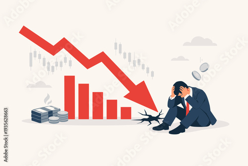 Businessman in Despair Sitting on Floor with Head in Hands Next to Crashing Red Arrow Representing Stock Market Decline, Financial Crisis, Economic Recession, Capital Loss, Investment Failure
