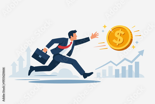 Ambitious Businessman in Suit Running to Catch a Flying Gold Dollar Coin with Rising Financial Growth Charts and Arrows, Concept of Chasing Profit, Investment Success, and Wealth Accumulation.