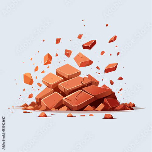 Pile of Red Bricks Falling Apart and Scattered on a Light Gray Background