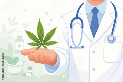 Medical doctor in white coat holding green cannabis leaf, representing medical marijuana legalization, alternative herbal medicine, healthcare professional providing natural weed therapy concept.