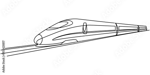 Continuous one line drawing of A sleek futuristic bullet train gliding over a track with a slight incline
