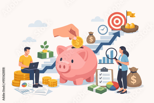 Financial Planning and Investment Growth Strategy for Retirement Goal, Money Management, Savings, Piggy Bank, Nest Egg, Wealth Accumulation, Budgeting, and Business Data Analysis Illustration.