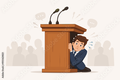 Nervous Businessman Hiding Behind a Wooden Podium Due to Fear of Public Speaking, Stage Fright, and Anxiety. Illustration of a Man Scared to Give a Speech in Front of an Audience at a Seminar.