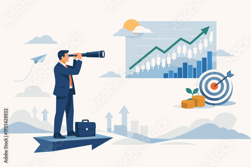 Businessman looking through telescope for future business opportunities and market trends, leadership vision for growth and success, data analysis forecasting and strategic planning concept