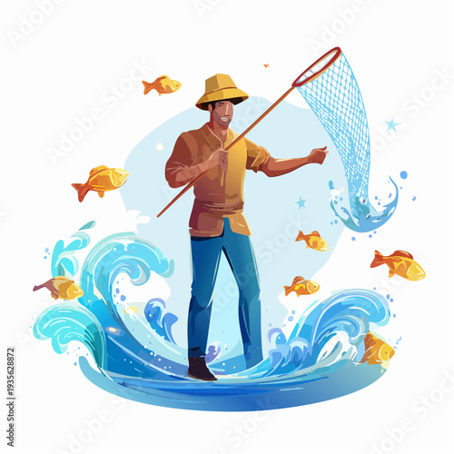 Joyful angler skillfully uses a fishing net to capture vibrant golden fish leaping from dynamic blue waters, celebrating a plentiful harvest