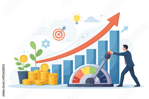 Businessman pushing a lever to accelerate business growth and financial success, featuring a rising bar graph, stacks of gold coins, a growing plant, target, and lightbulb for innovation concept