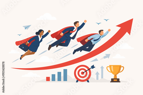 Business team of superheroes flying upwards with red capes along a rising growth arrow. Concept of high performance, leadership development, career success, motivation, and goal achievement.