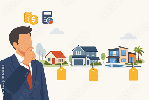 Businessman calculating mortgage affordability and choosing a new home based on budget and income, real estate investment concept with various house options, price tags, and financial icons.