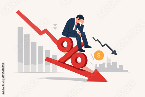 Stressed businessman sitting on a falling red arrow with a percentage sign, representing economic recession, inflation decrease, interest rate reduction, profit loss, financial crisis, market crash