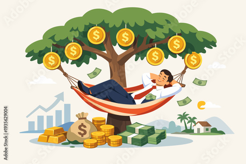 Successful businessman relaxing in a hammock under a money tree with gold coins, symbolizing passive income, financial freedom, wealth growth, investment success, and early retirement dreams.
