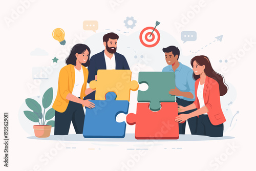 Diverse group of coworkers collaborating on a project by assembling giant puzzle pieces, representing teamwork, partnership, strategic problem solving, and achieving business goals together.