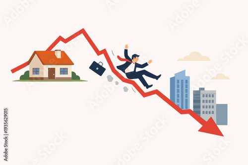 Real Estate Market Crash Concept with Businessman Falling Down Red Arrow Graph, Property Investment Loss, Housing Bubble Burst, Financial Crisis, Economic Downturn, and Home Value Depreciation
