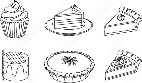 A variety of sweet desserts including cupcakes and pie slices