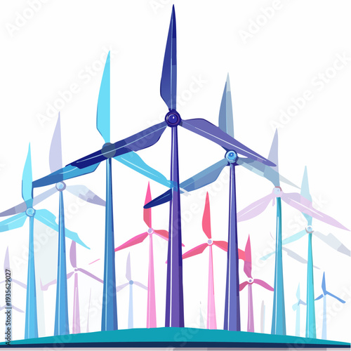 Colorful illustration of multiple wind turbines symbolizing sustainable renewable energy and clean power generation