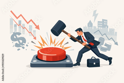 Businessman Hitting Large Red Emergency Button with Sledgehammer During Economic Crisis, Stock Market Crash and Financial Failure Concept with Falling Arrows, Crumbling Dollar Sign and Coins