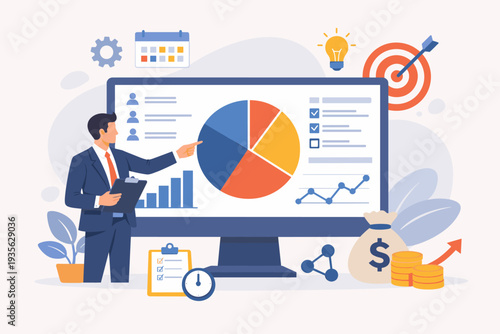 Business professional analyzing data on a digital dashboard for project management and resource planning. ERP software concept with charts, graphs, financial growth, and strategic marketing.