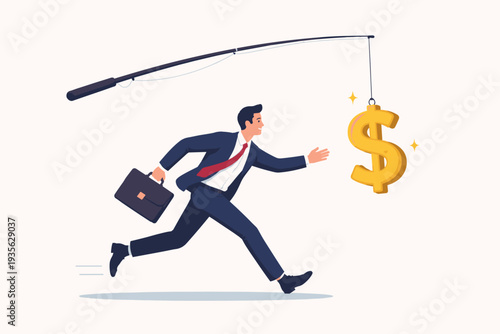 Businessman Running to Catch a Golden Dollar Sign Hanging from a Fishing Rod, Concept of Reward, Incentive, Motivation, Corporate Greed, and Chasing Wealth in Business Career Flat Vector Design.