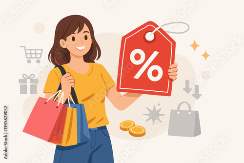 Happy young woman holding colorful shopping bags and a large red discount price tag with a percentage symbol. Vector illustration for retail marketing, seasonal sales, and commercial promotions.
