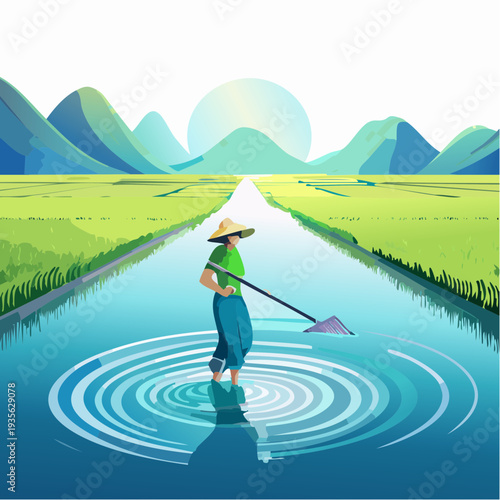 Woman Cultivating Rice Paddy in Serene Rural Landscape with Majestic Mountains and Golden Sun