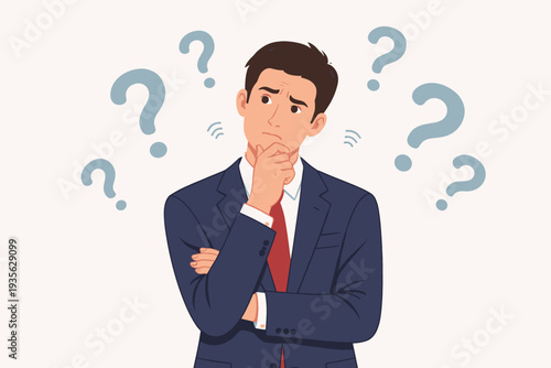 Skeptical Businessman in Suit Thinking and Questioning with Doubtful Expression, Confused Professional Making a Decision Surrounded by Question Marks, Pondering Business Strategy and Uncertainty