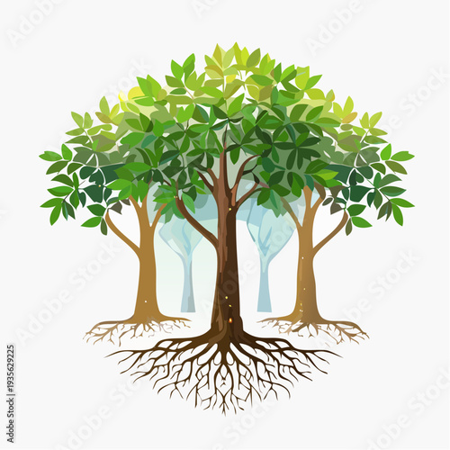 Vector illustration of lush green trees with detailed root system and foliage