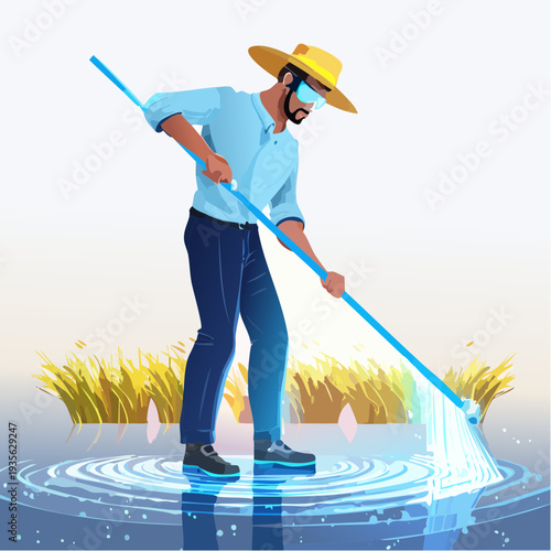 Farmer with fishing net in shallow water, concept of sustainable aquaculture and modern farming