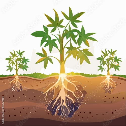 Detailed illustration of a hemp plant growing with its intricate root system visible