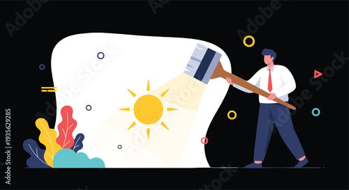 Businessman holding a giant flashlight to illuminate a bright sun symbol against a dark background representing hope and vision.