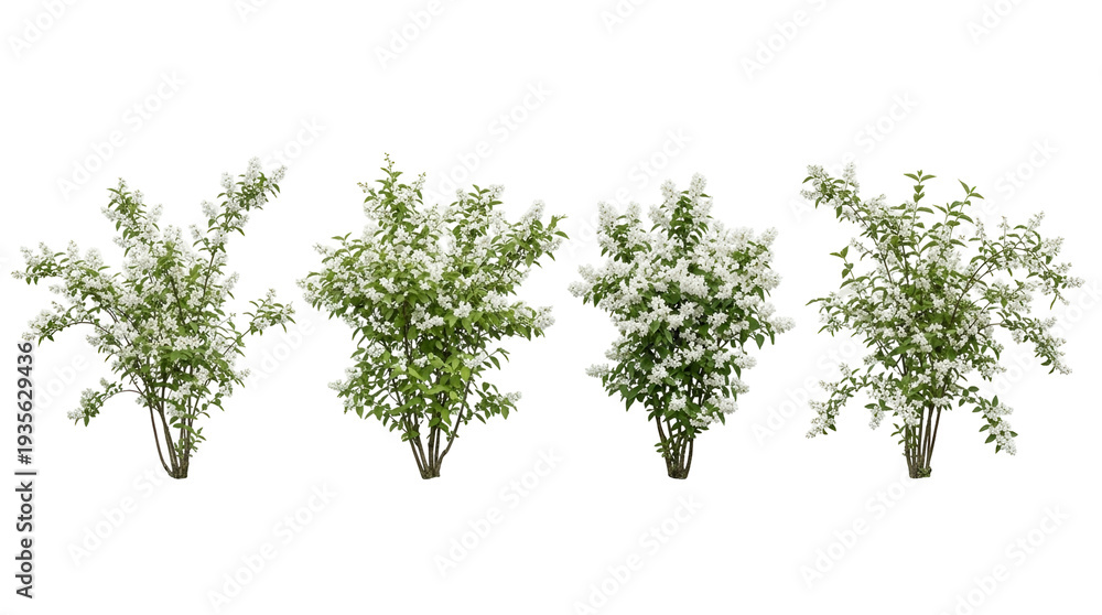 Fototapeta premium white lilac, flowering shrub, blooming bush, spring plant, syringa, garden flora, isolated set of four beautiful aromatic white blossom bushes with green leaves on black background