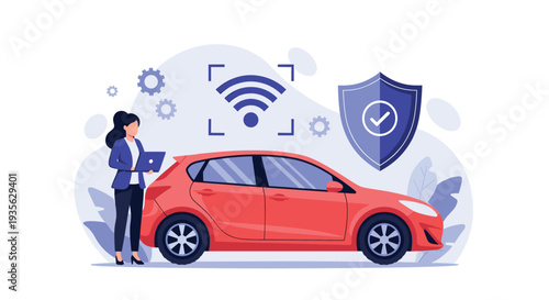 Female tech specialist managing car safety and wireless diagnostics using a laptop for modern connected vehicle maintenance.