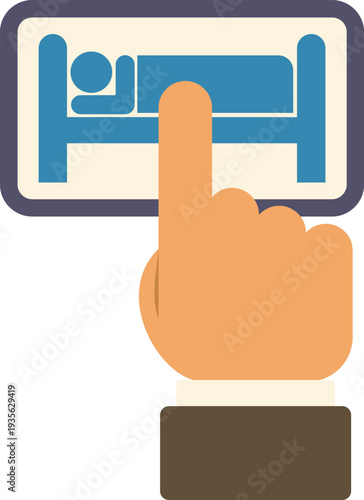 Conceptual illustration of a hand pressing a touchscreen icon related to sleep or hotel booking