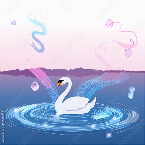 Graceful white swan glides through shimmering, mystical waters under a dreamy sky, surrounded by vibrant, ethereal energy and soft ripples