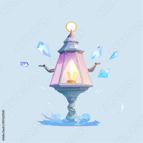 Enchanted ornate lamppost emitting a soft glow amidst floating ice crystals, a captivating fantasy art illustration