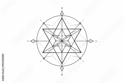 Sacred Geometry Merkabah Star & Circle Symbol Vector: Mystical Esoteric Design, Spiritual Harmony, Abstract Geometric Enlightenment & Divine Connection Line Art Illustration
