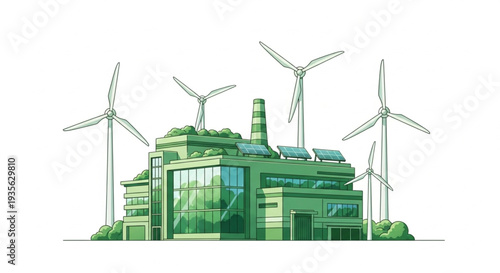 Sustainable Factory with Wind Turbines.