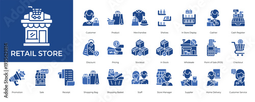 Retail Store Icon set Collection in Glyph Two Color Style. customer, product, display, cashier, discount, stock