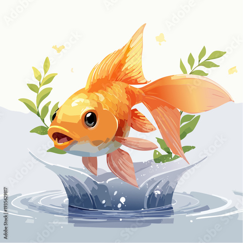 A vibrant goldfish leaps gracefully from calm water, surrounded by fresh green foliage, symbolizing new beginnings and vitality