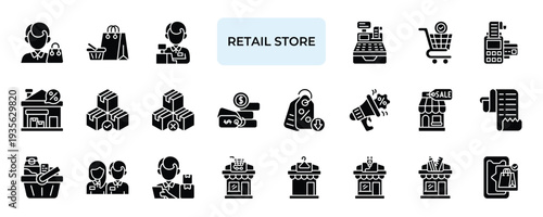 Retail Store Icon set Collection in Solid Glyph Style. customer, product, display, cashier, discount, stock