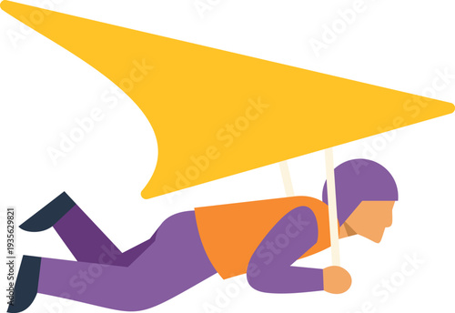 Illustration of a person flying through the sky supported by a bright yellow hang glider