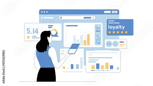 Woman analyzing data on a tablet with various charts and graphs on a large computer screen for business insights