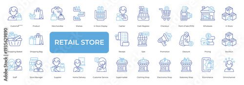 Retail Store Icon set Collection in Line Two Color Style. customer, product, display, cashier, discount, stock